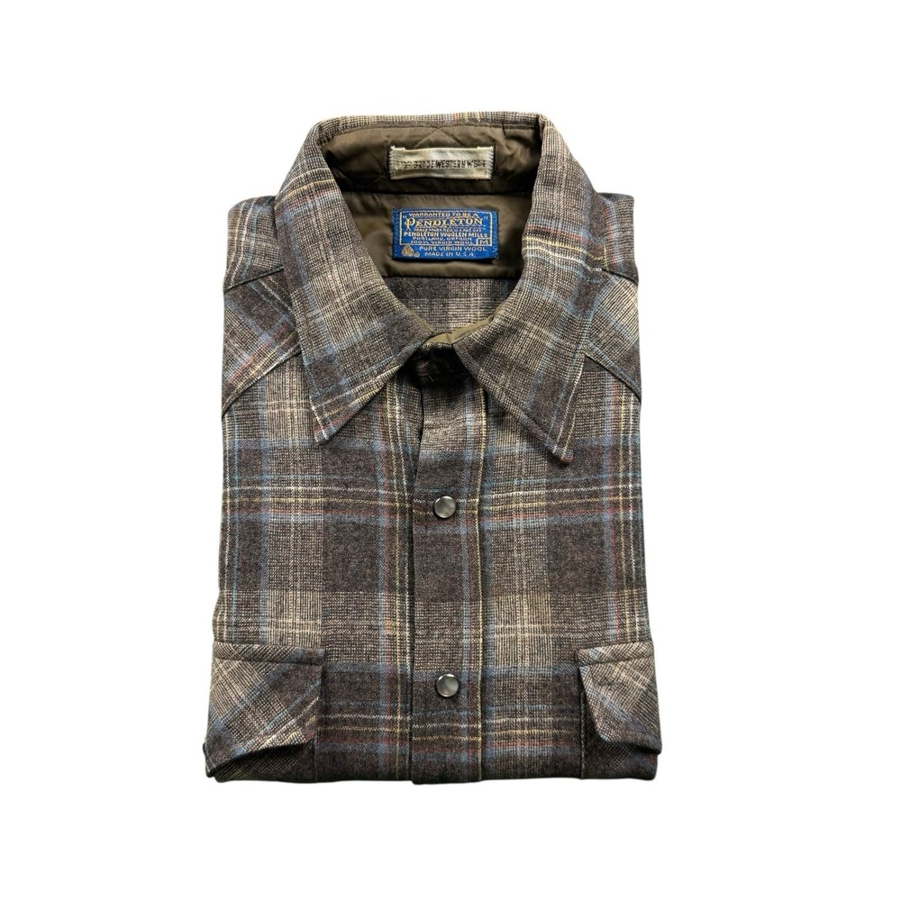 Pendleton 1970s VTG Pure Wool Brown Blue Check Mens Pearl Snap Size Medium